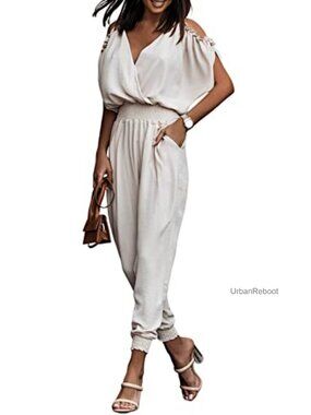 Women's One Piece Jumpsuit Long Pants Cold Shoulder V-Neck Backless Romper